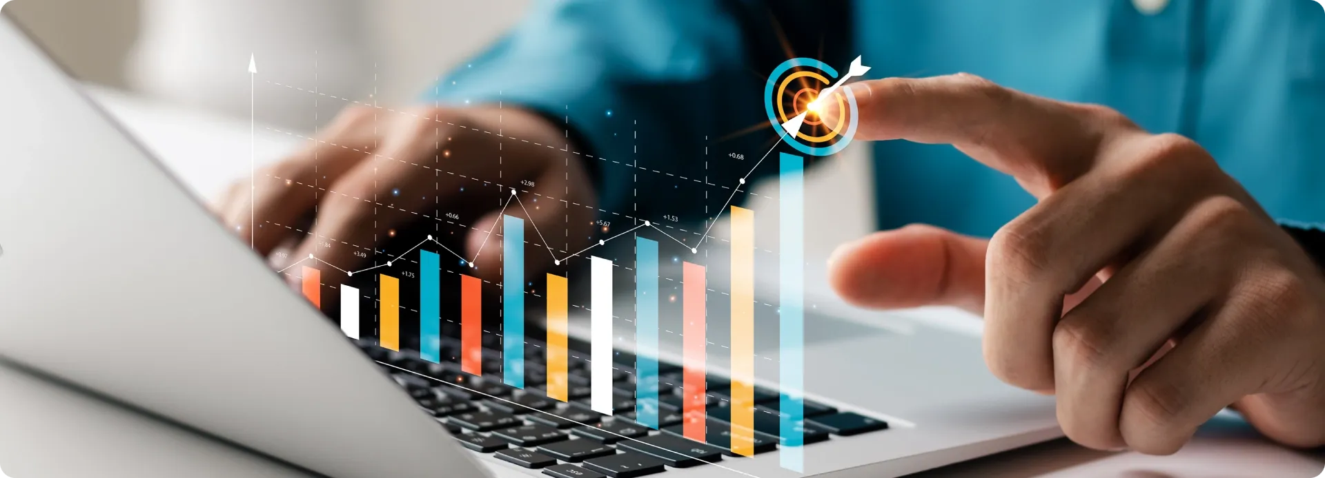 Person using a laptop with a digital growth chart